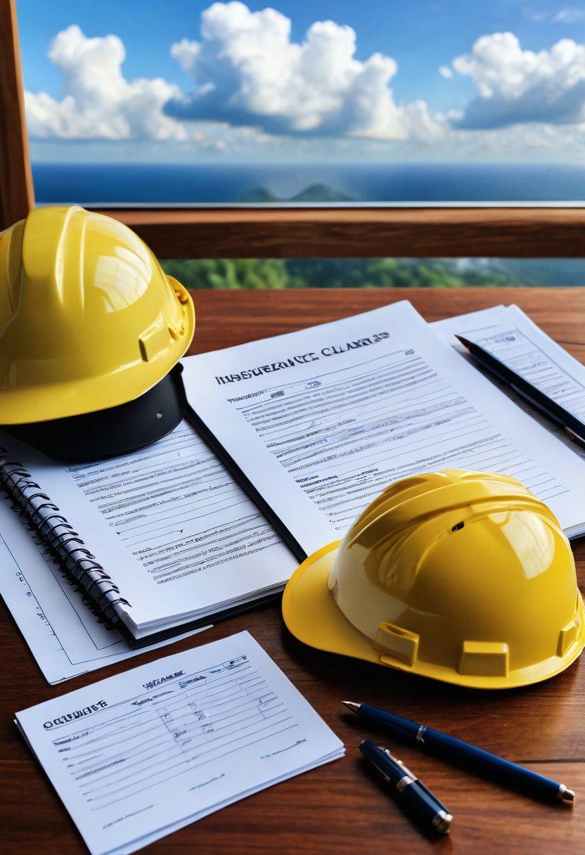 An open handbook with a compass and a safety helmet on a wooden desk, symbolizing guidance and protection in navigating insurance claims. In the background, a calming blue sky filled with fluffy clouds and a soft sunlight, representing clarity and confidence. Include subtle elements like a pen and a calculator near the handbook to emphasize organization and support. The overall warm lighting invokes a sense of trust and assurance. super-realistic. vibrant colors. soft focus.
